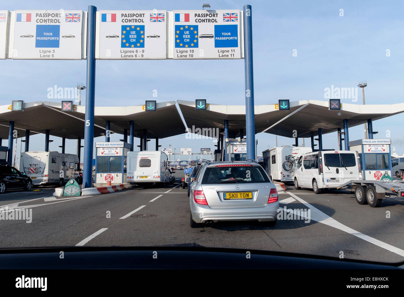 Passport control at Calais showing vehicle queue, Calais, france Stock