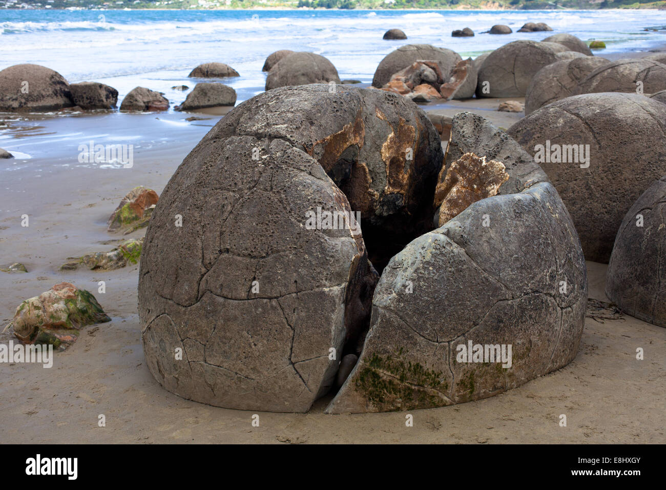 Moeraki Boulders - natural rock formations - concretions. Otago coastline, New Zealand. Stock Photo