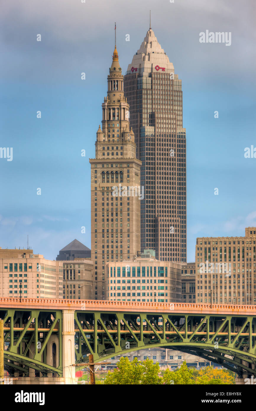The Terminal Tower and Key Tower dominate the skyline of Cleveland, Ohio. Stock Photo