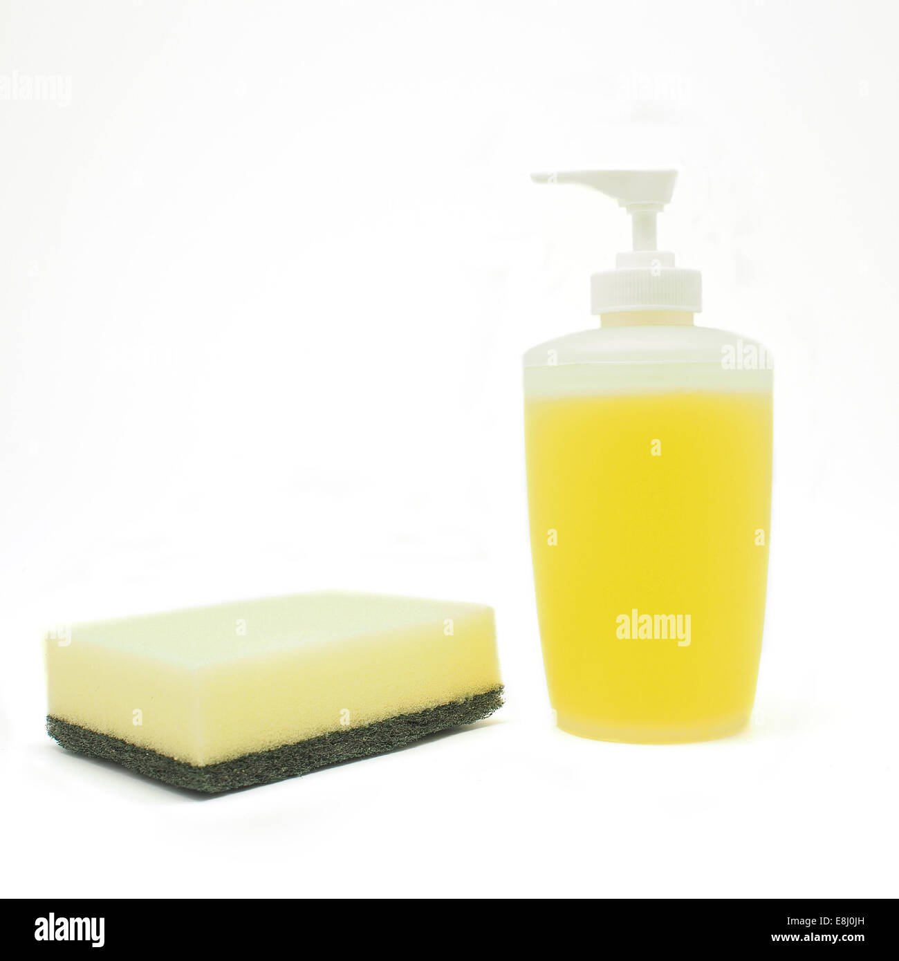 sponge and dishwashing liquid isolated on white background Stock Photo