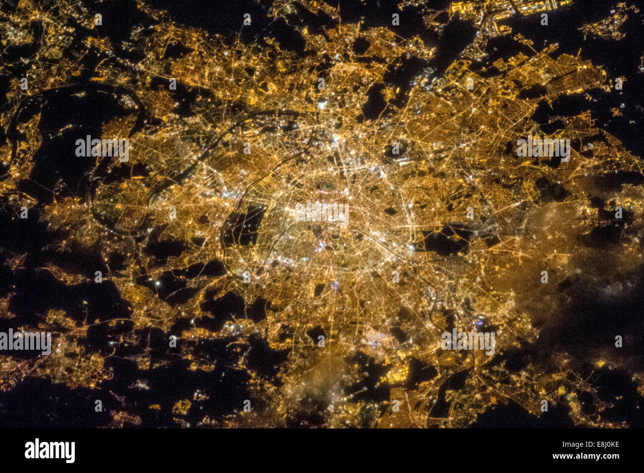 One of the crew members aboard the International Space Station photographed this night image of the bright city of Paris, France Stock Photo