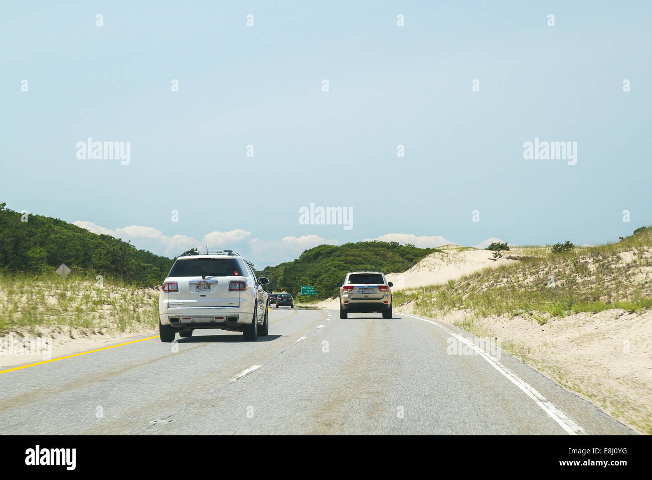 Dunes line the highway that leads to Provincetown, Massachusetts, USA Stock Photo