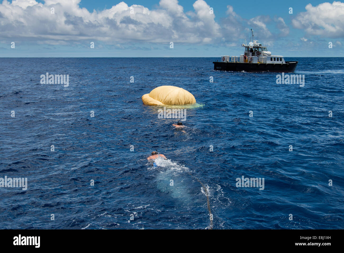 In this image: Two members of the Navy's Explosive Ordinance Disposal team swim towards the pilot ballute (a combination balloon Stock Photo
