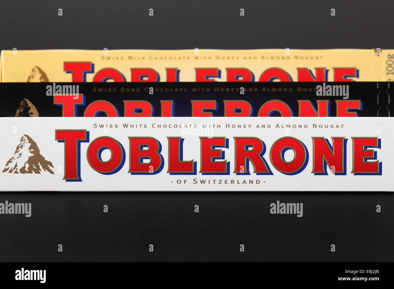 Tambov, Russian Federation - September 23, 2012: 100g Toblerone chocolate bars. Stock Photo
