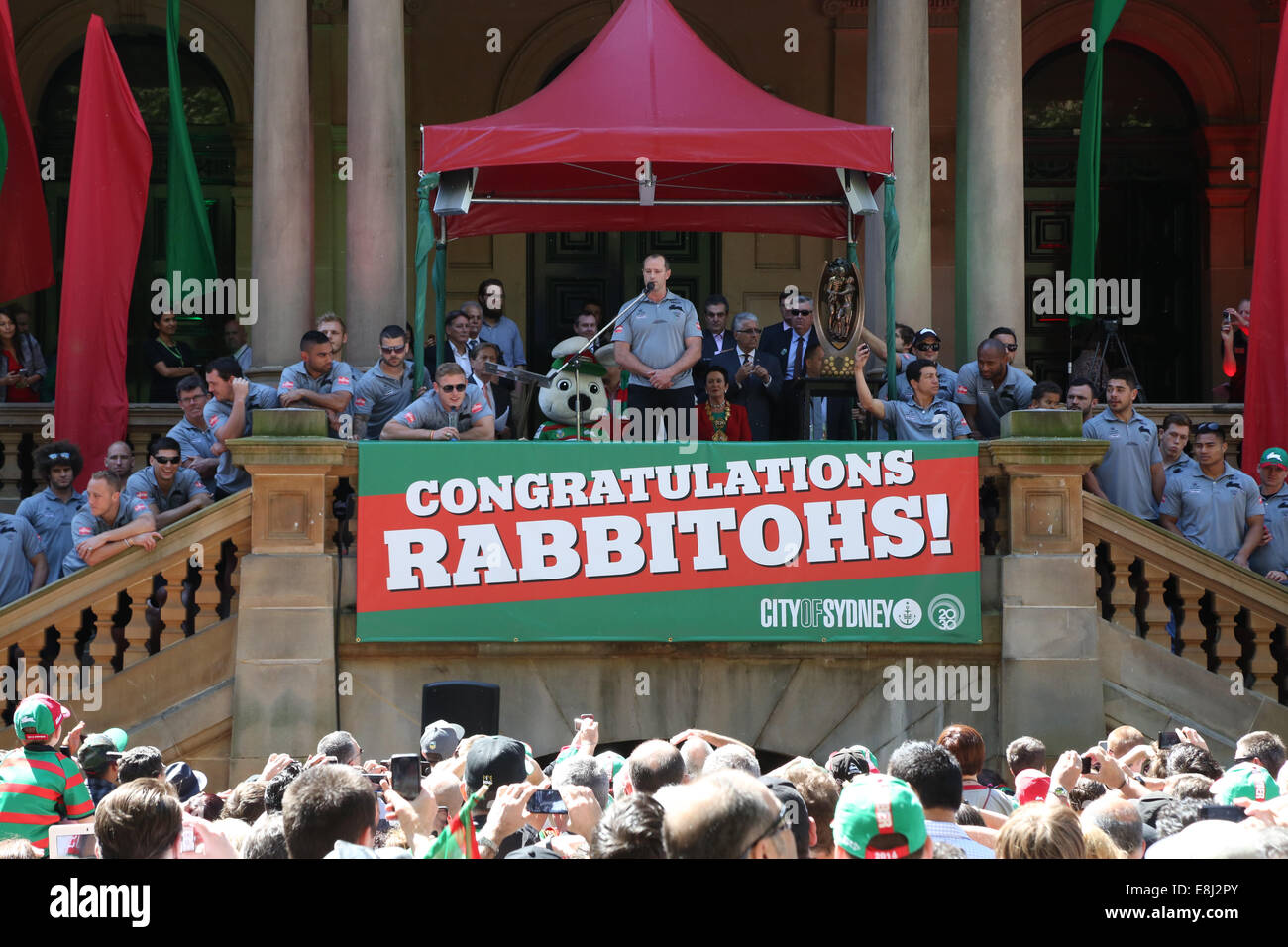 Sydney, NSW, Australia. 9th October 2014. After winning the NRL Grand Final, the South Sydney Rabbitohs were given the keys to the City of Sydney by the Lord Mayor at a ceremony in Sydney Square watched by fans of the rugby team. Pictured: is South Sydney Rabbitohs Coach Michael Maguire speaking to fans after being presented with the keys to the City of Sydney, after the team won the NRL Grand Final. Copyright Credit:  2014 Richard Milnes/Alamy Live News. Stock Photo