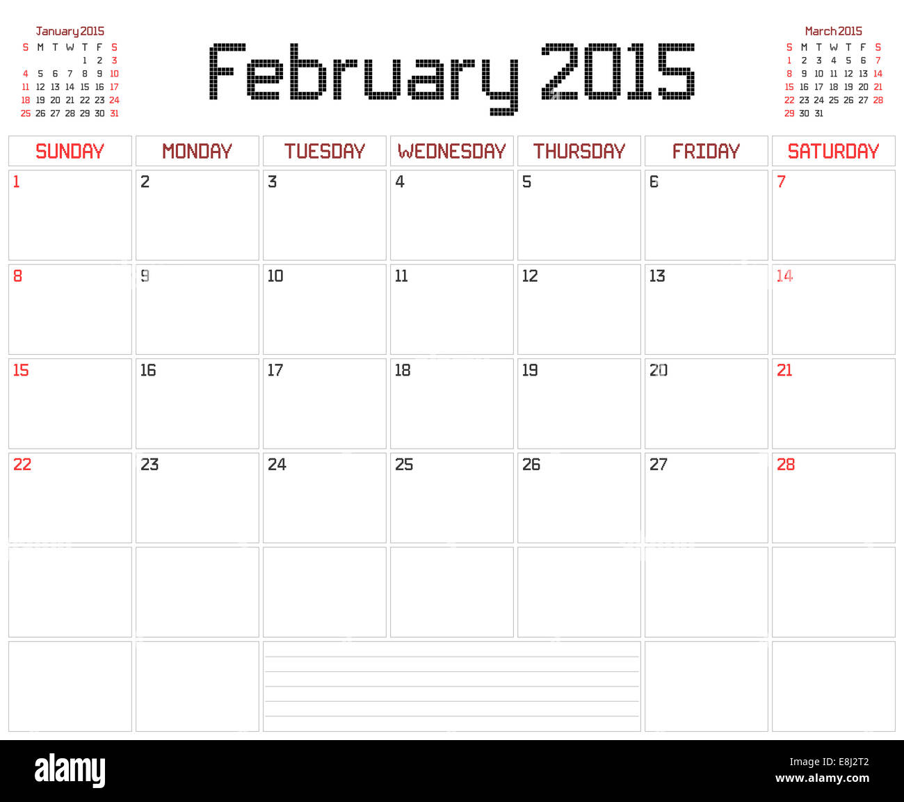 A Monthly Planner Calendar For February 15 On White A Square Pixel Style Is Used Stock Photo Alamy