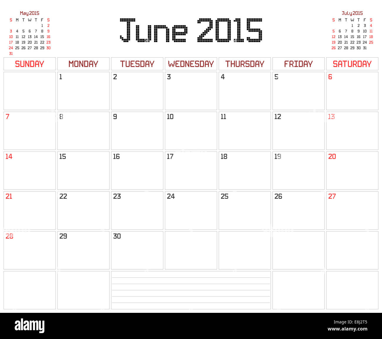 A monthly planner calendar for June 2015 on white. A square pixel style ...