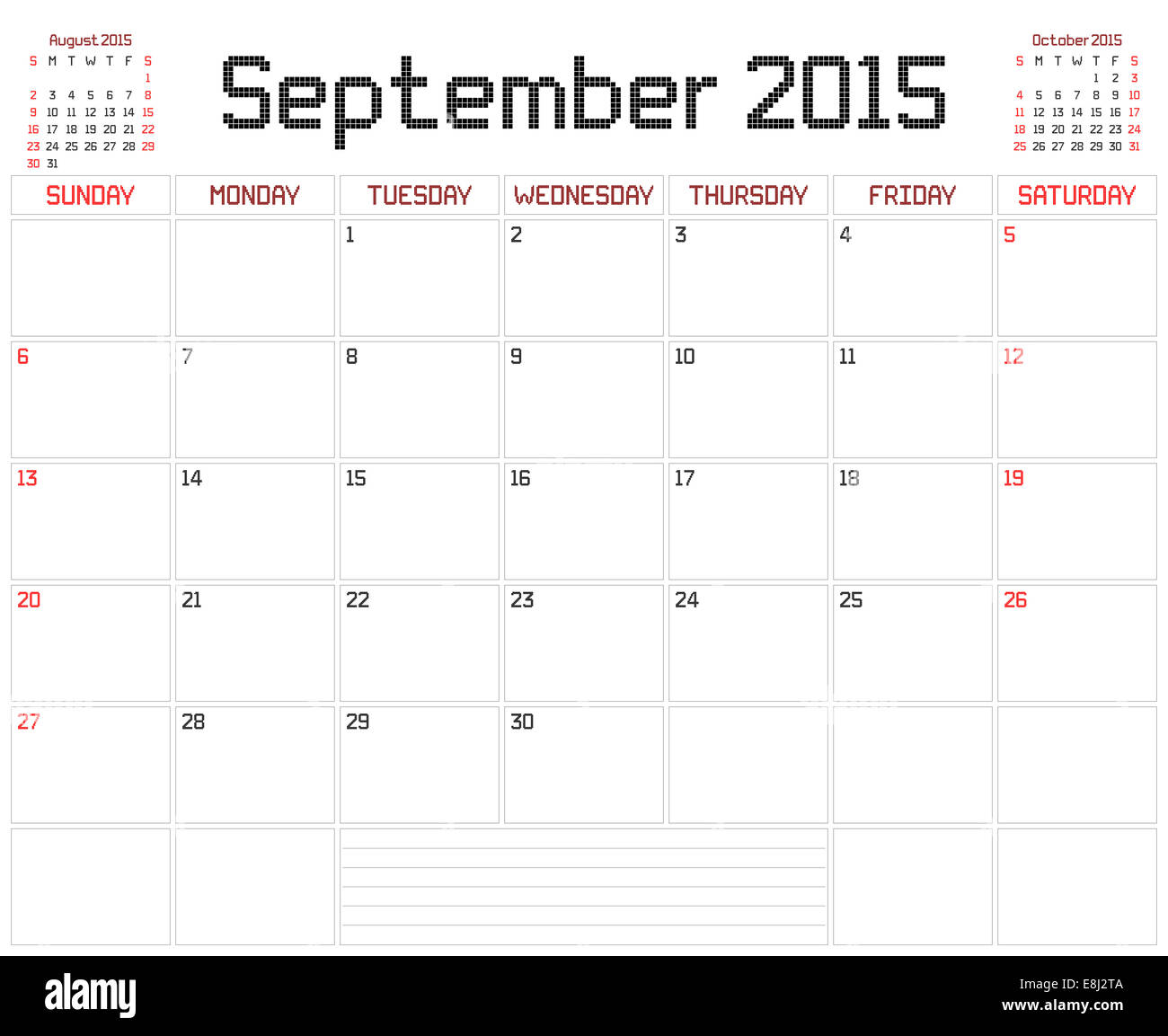 A monthly planner calendar for September 2015 on white. A square pixel  style is used Stock Photo - Alamy