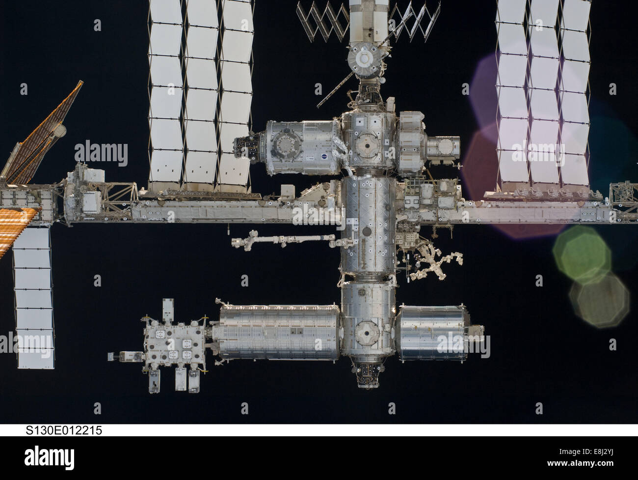 A close-up view of a portion of the International Space Station is featured in this image photographed by an STS-130 crew member Stock Photo