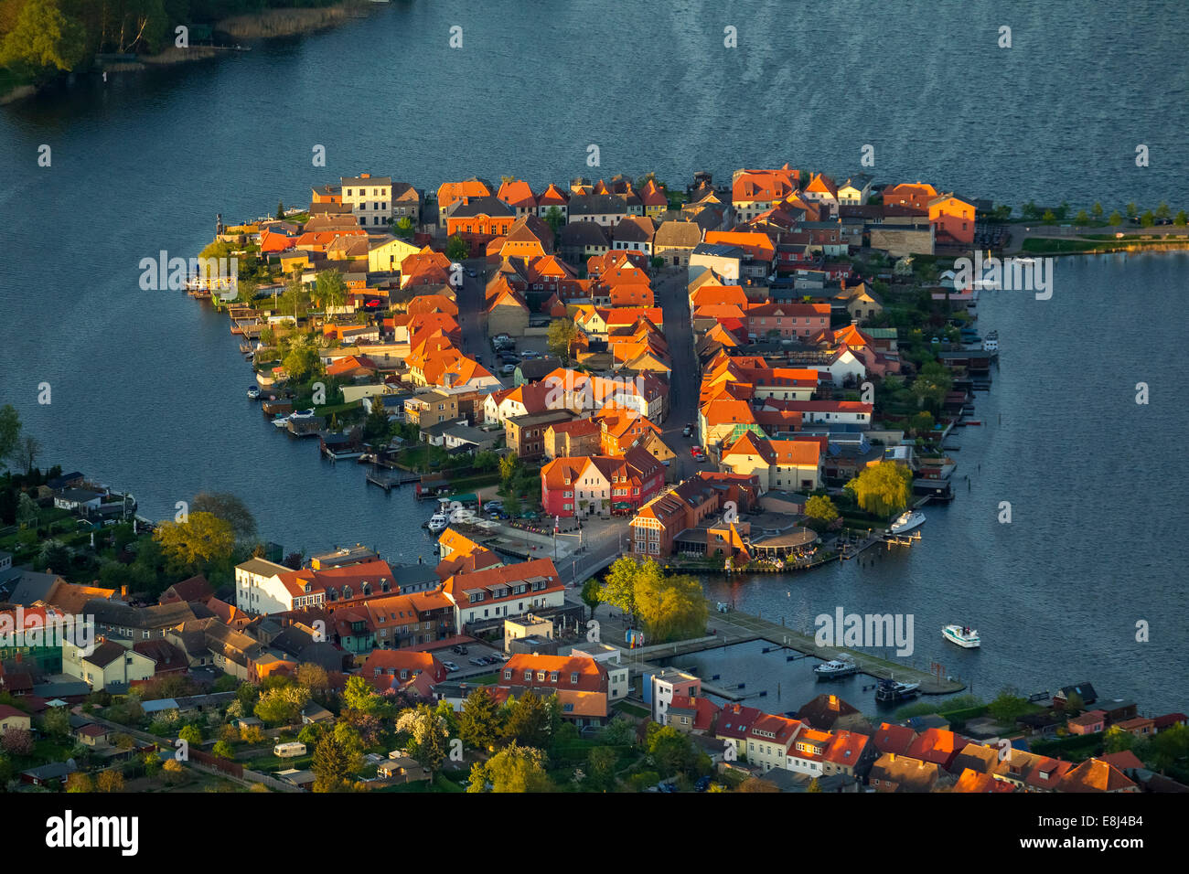 Aerial view, Malchow with Malchower See lake and the island with the historic centre and its old market square, Malchow Stock Photo