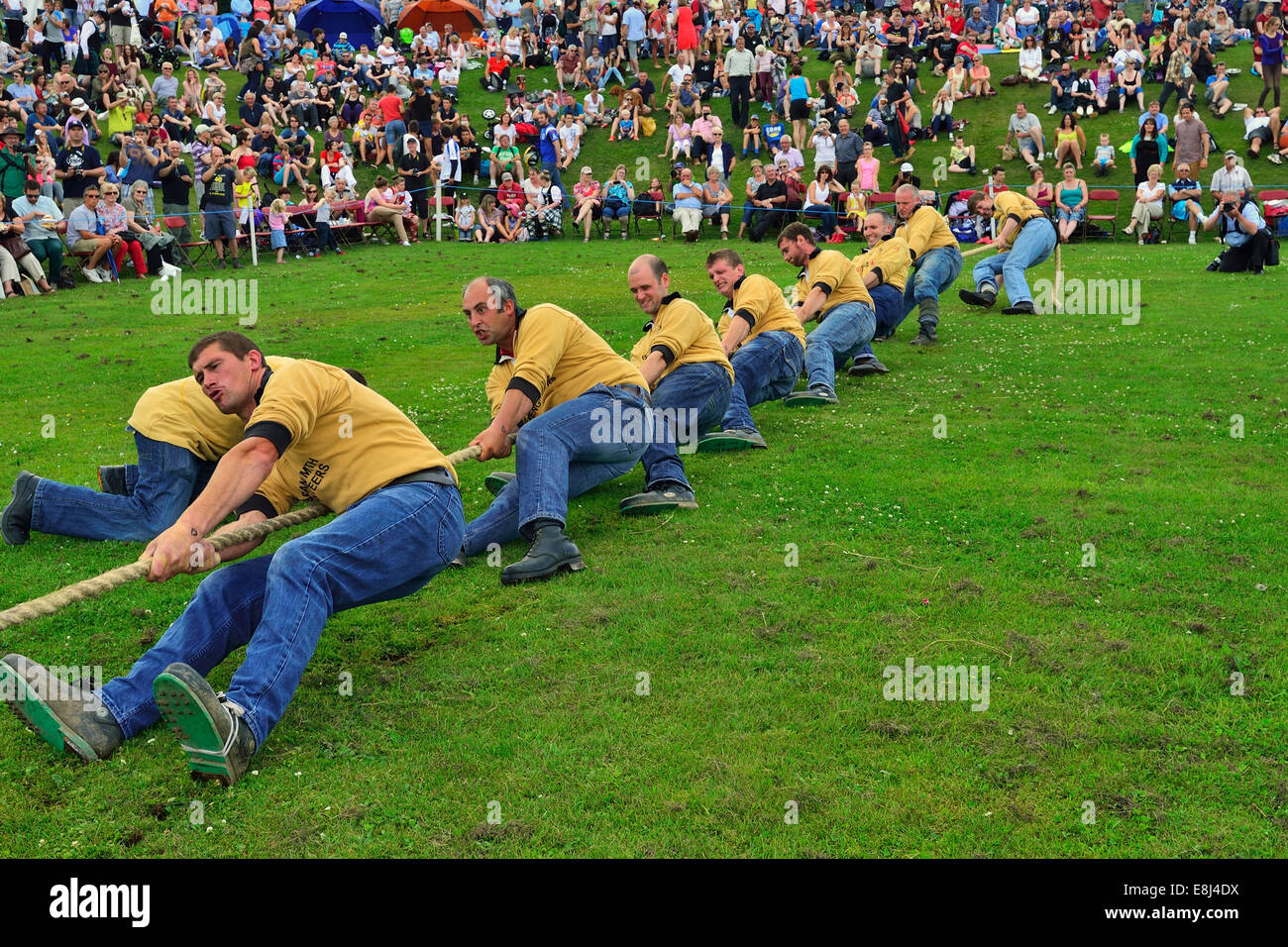 Tug-of-War, one of the disciplines at the Highland Games, Dufftown, Moray, Highlands, Scotland, United Kingdom Stock Photo