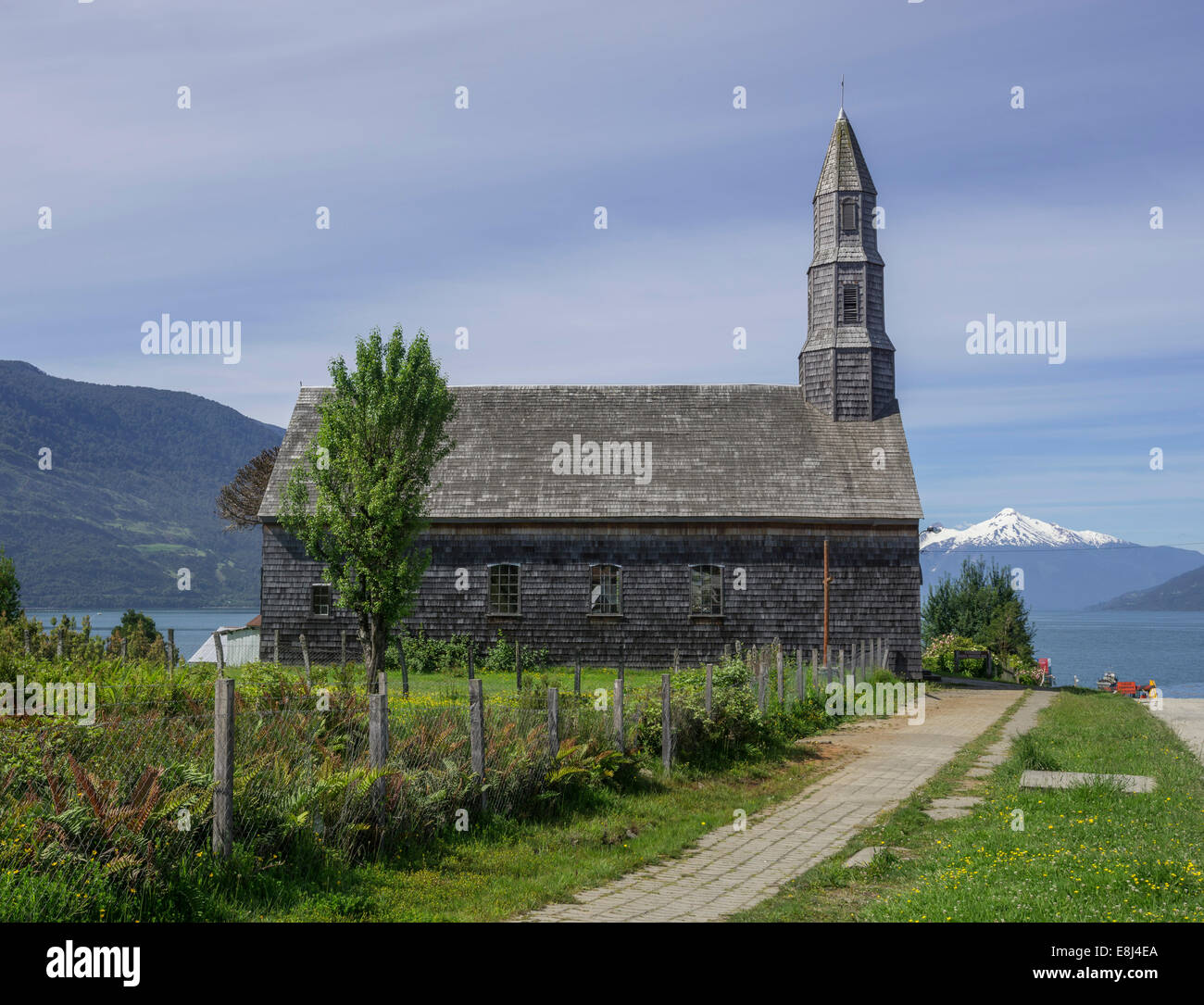 Wooden church, Cochamó, Los Lagos Region, Chile Stock Photo