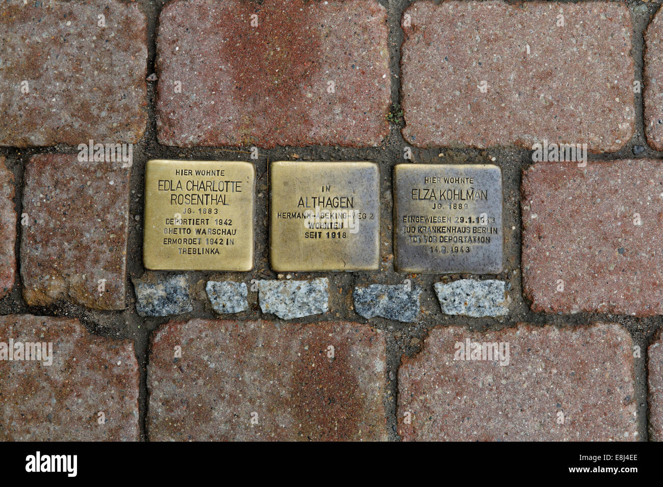 Stolpersteine or tumbling blocks, memorial plaques in the pavement of the walkway in memory of deported Jews, Ahrenshoop Stock Photo