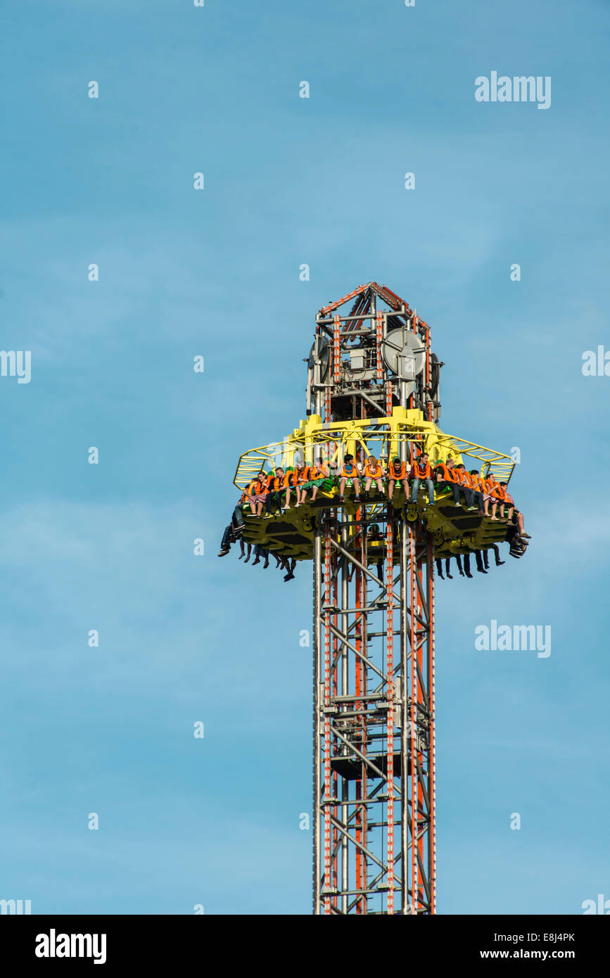 Free Fall Tower, Oktoberfest, Munich, Upper Bavaria, Bavaria, Germany Stock Photo