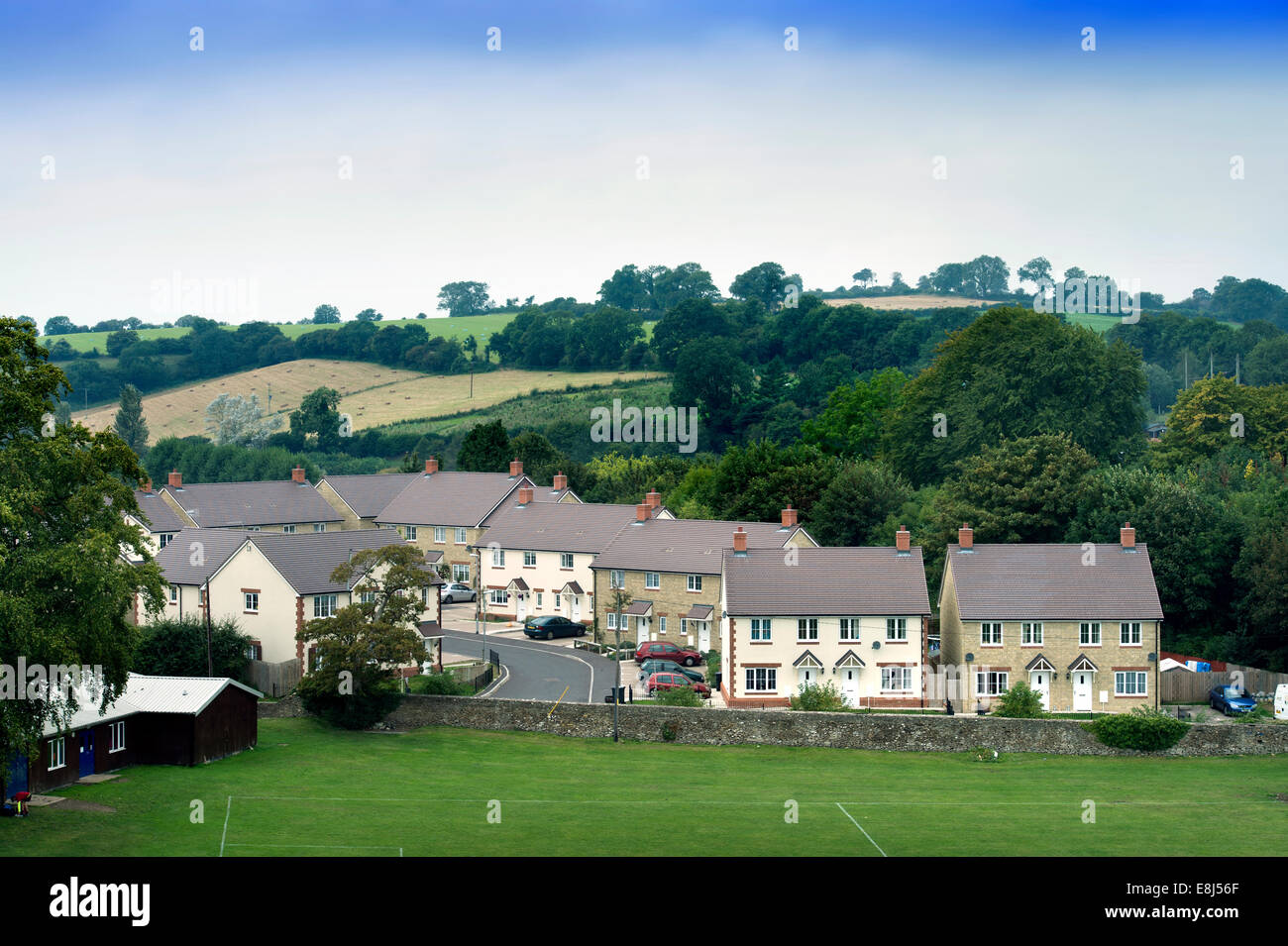 Playing field and a new housing estate on the outskirts of the Somerset