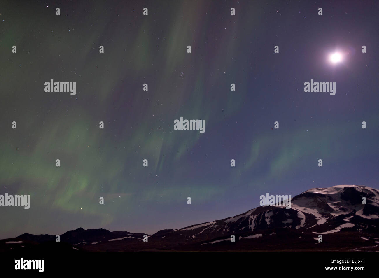Northern Lights and Full Moon over Mt Snæfell, Highlands of Iceland, Northeastern Region, Iceland Stock Photo