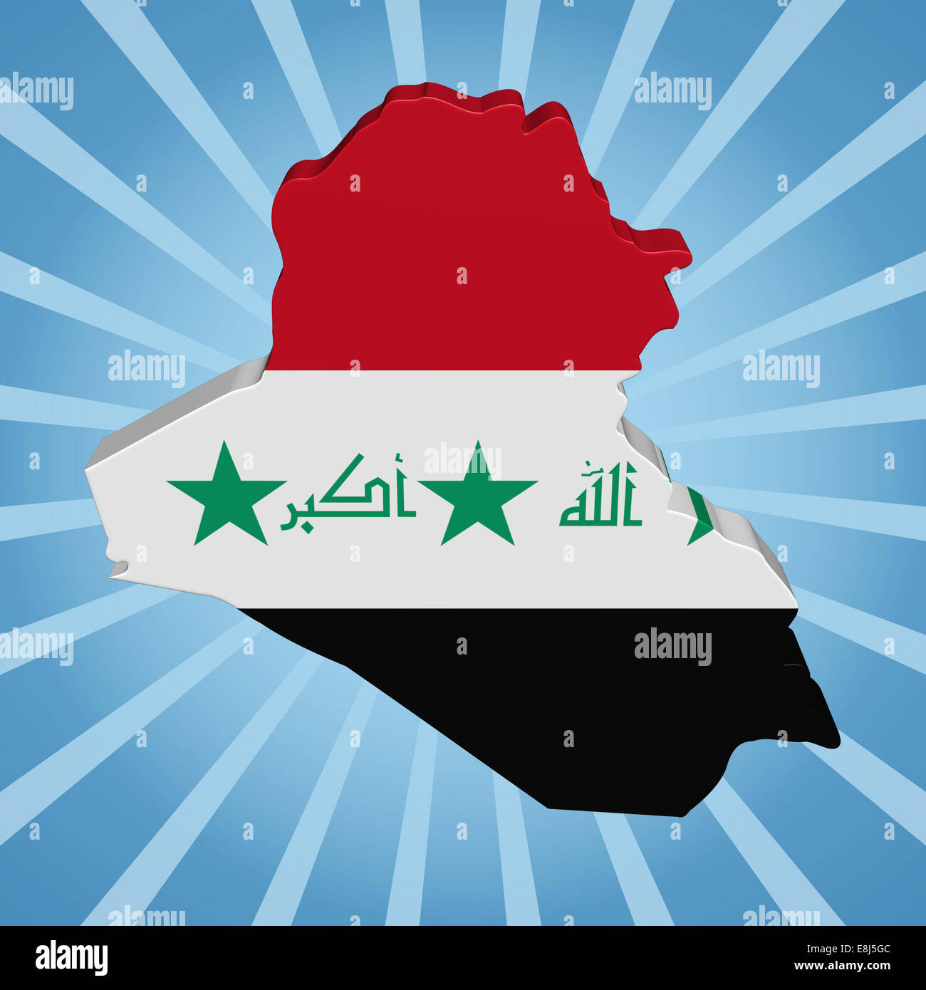 Iraq map flag on blue sunburst illustration Stock Photo