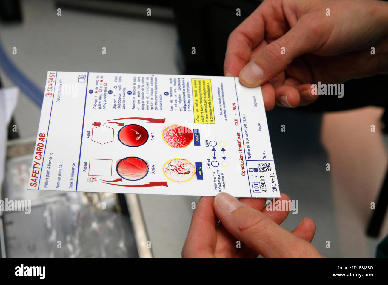 Blood bag for transfusion. AB blood type security card. Stock Photo