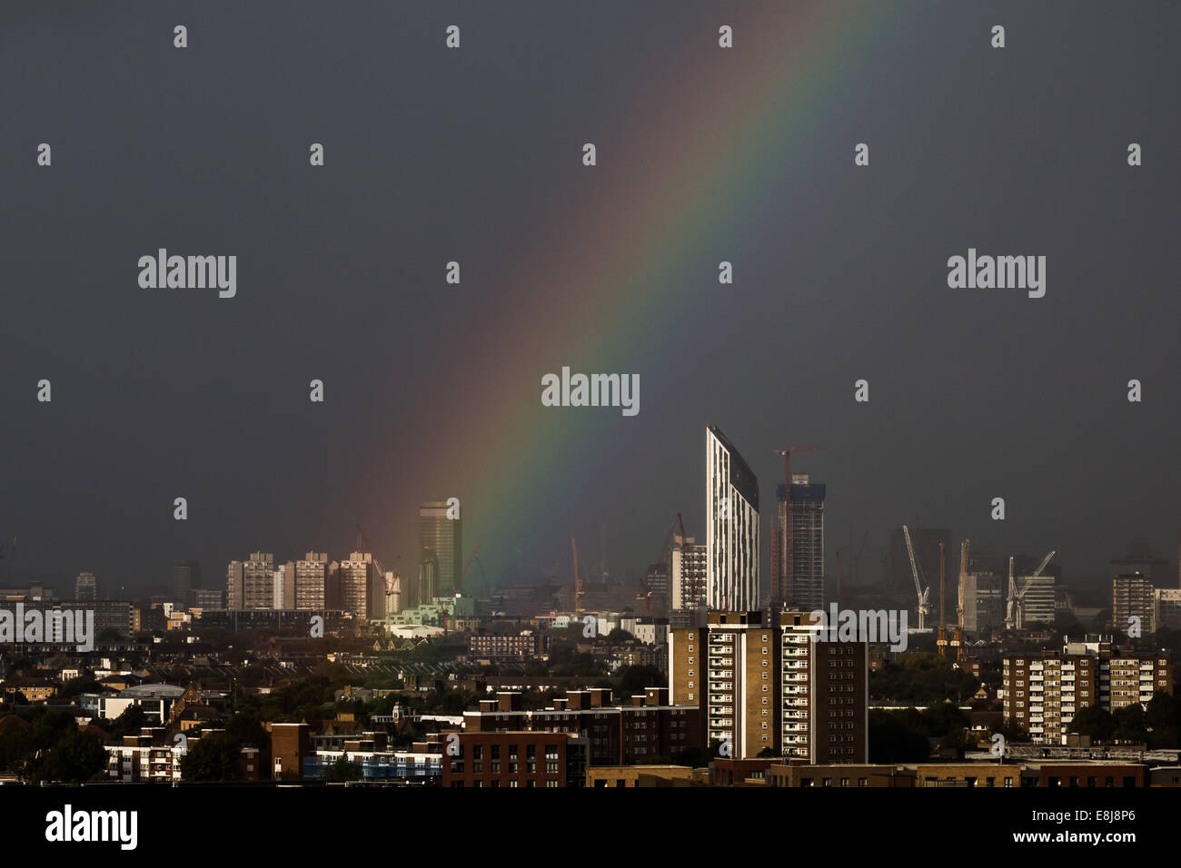 London, UK. 9th Oct, 2014. UK weather. Rainbow over The Shard and Strata SE1 buildings 2014 Credit:  Guy Corbishley/Alamy Live News Stock Photo