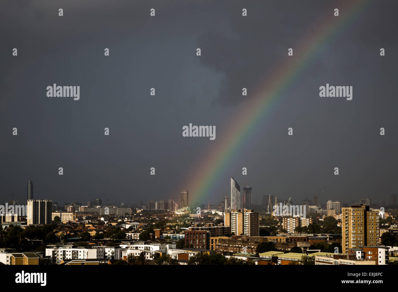 London, UK. 9th Oct, 2014. UK weather. Rainbow over The Shard and Strata SE1 buildings 2014 Credit:  Guy Corbishley/Alamy Live News Stock Photo