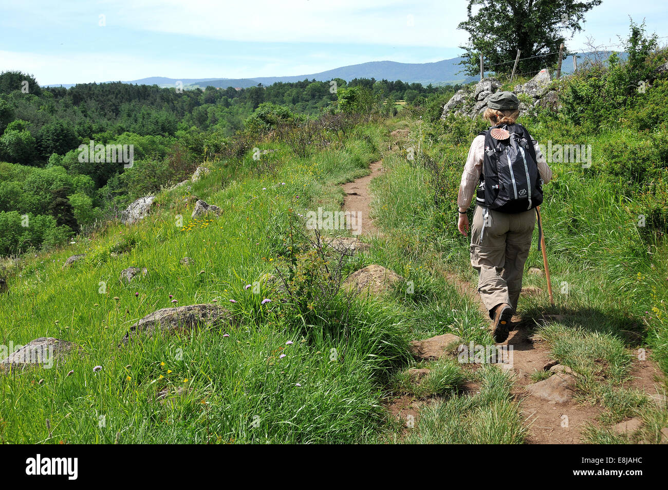 Way of St. James pilgrim on the route. Christian pilgrimage route. Saint-Jacques-de-Compostelle. Stock Photo