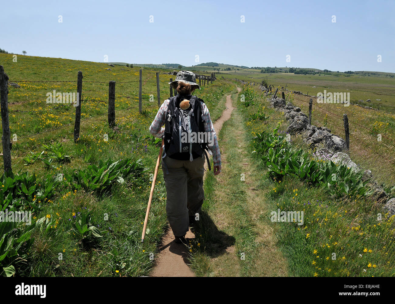 Way of St. James pilgrim on the route. Christian pilgrimage route. Saint-Jacques-de-Compostelle. Stock Photo