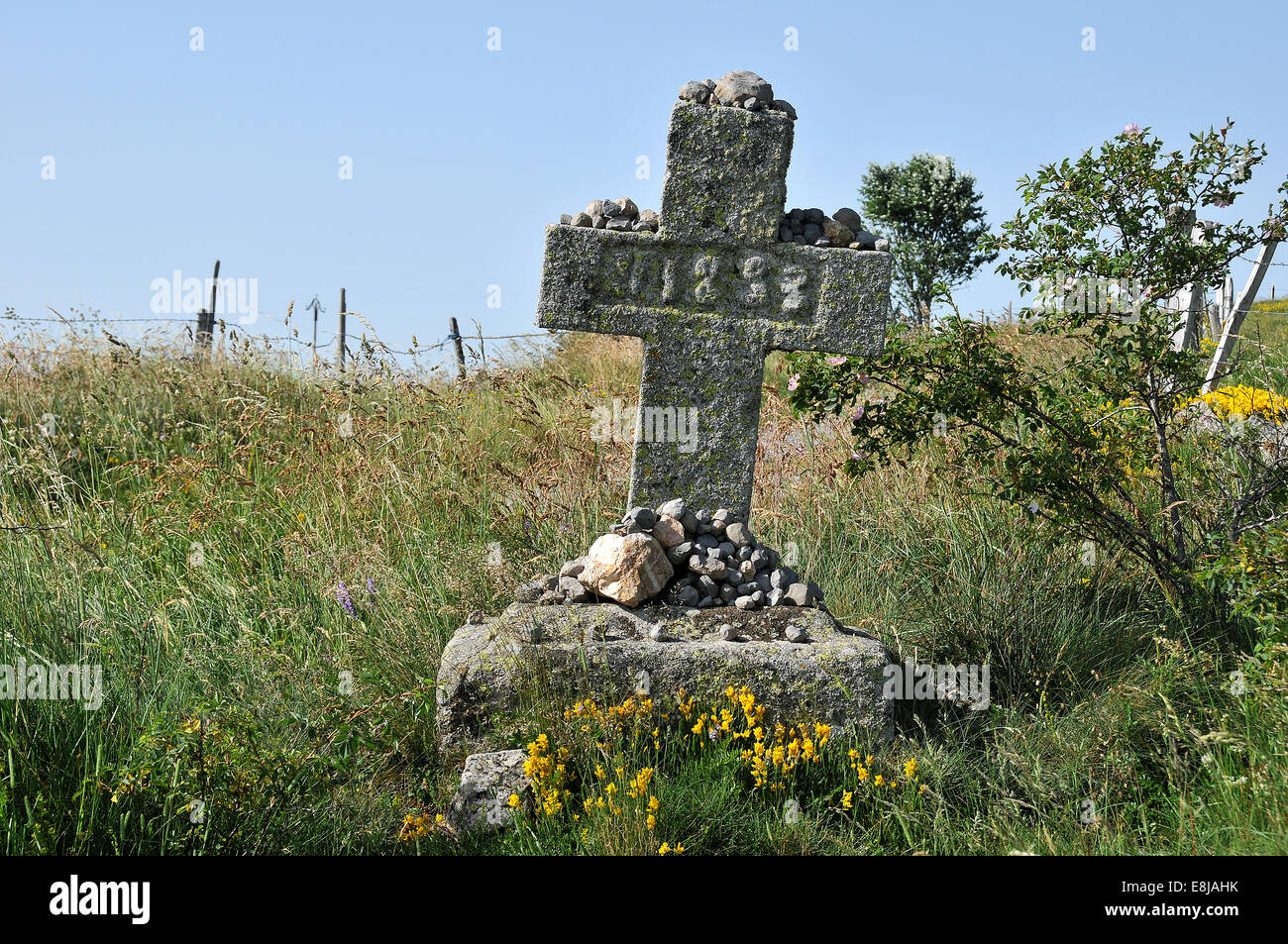Cross on the way of St. James. Christian pilgrimage route. Stock