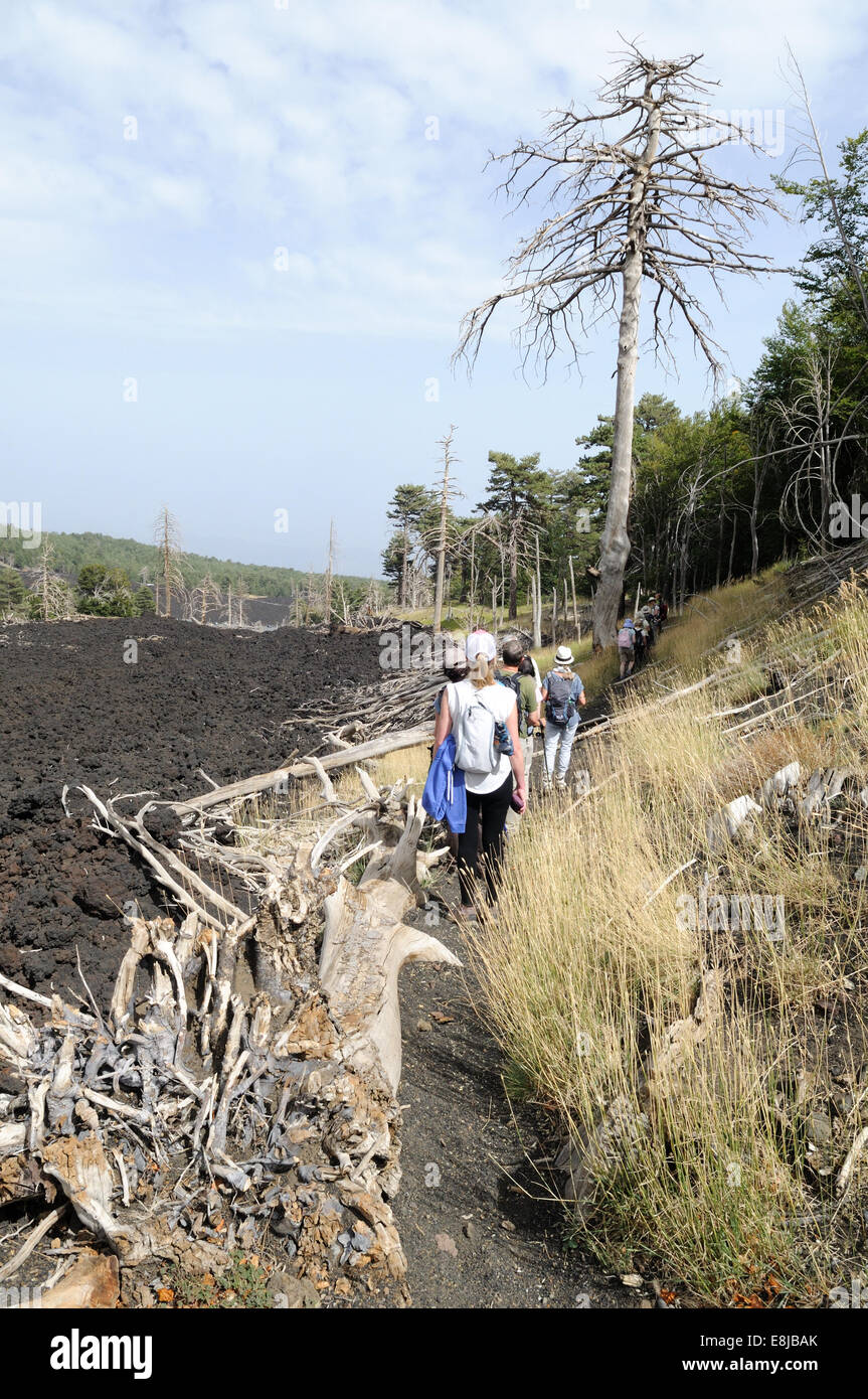 Hikers walking through lava and dead burnt trees on the Northern side of Mount Etna Sicily Italy Stock Photo