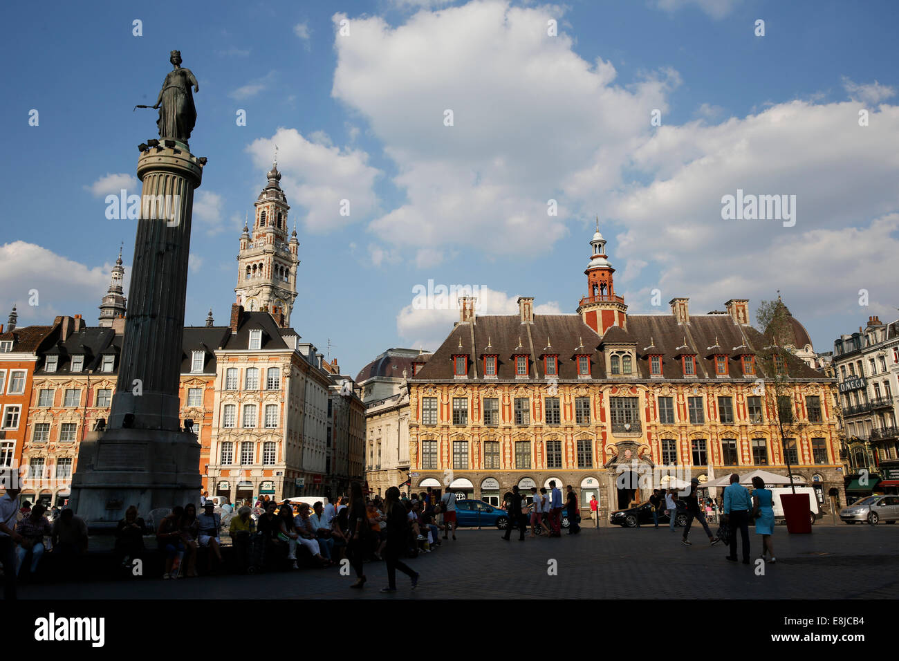 Lille Grand Place. Column of the Goddess and old stock market. Stock Photo