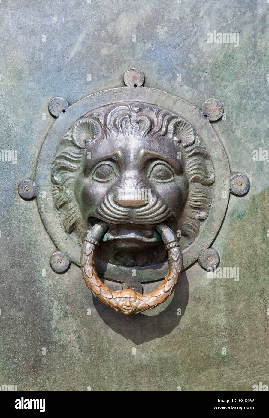 Lion head door knocker, Mausoleum, Bueckeburg, Lower Saxony, Germany, Europe Stock Photo