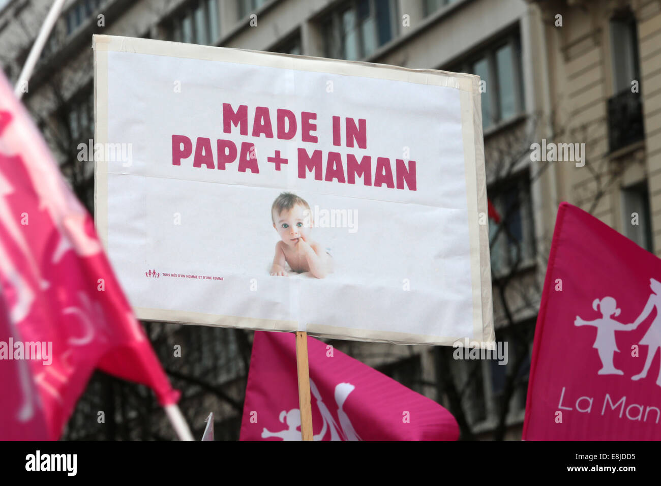 Sign : 'Madein Mom + Dad.' Paris event anti 'Wedding for All'. Stock Photo