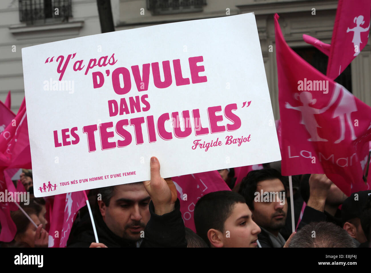 Sign : 'There's no egg in the testicles.' Paris event anti 'Wedding for All'. Stock Photo