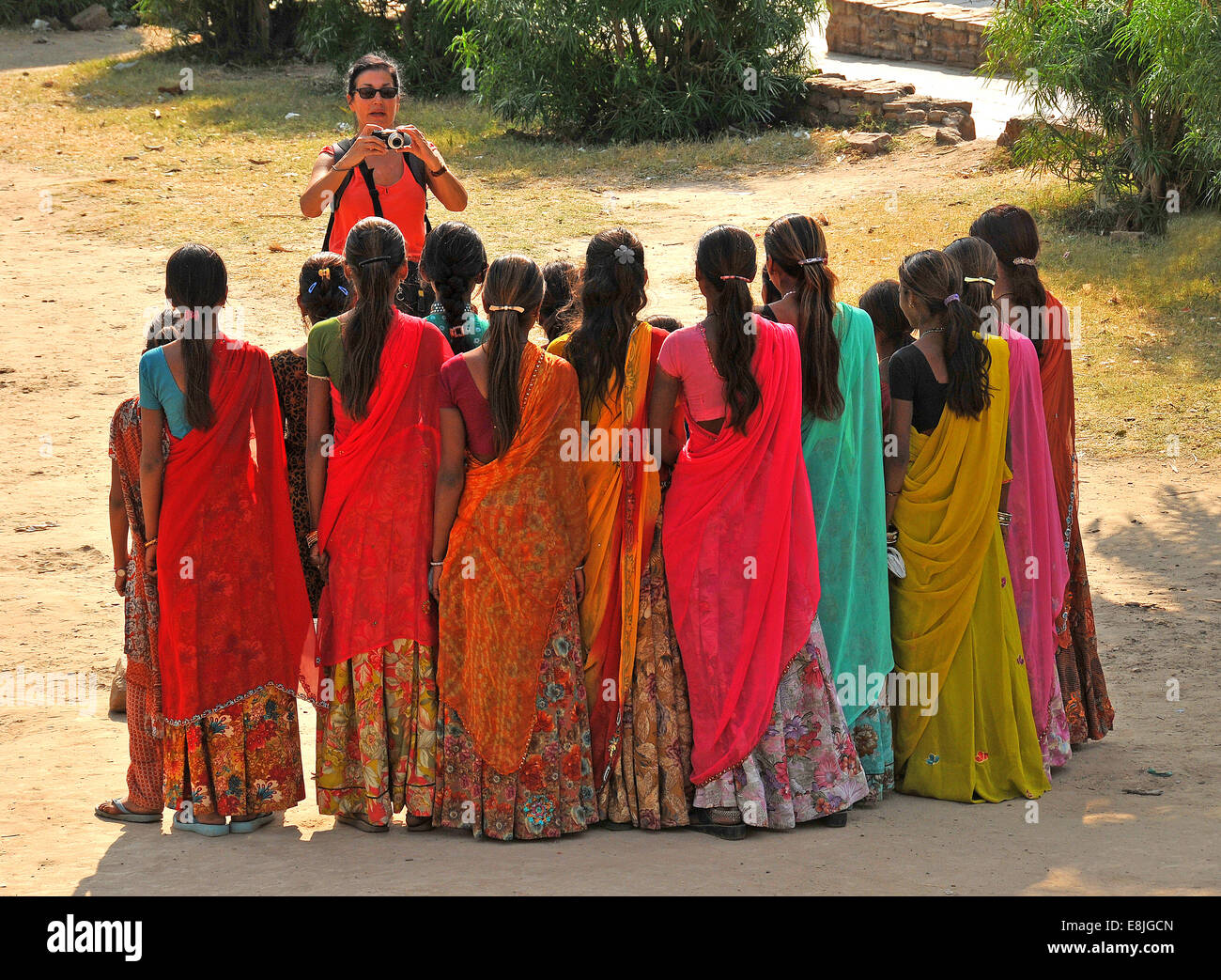 Rajasthani girls posing for a tourist. Stock Photo