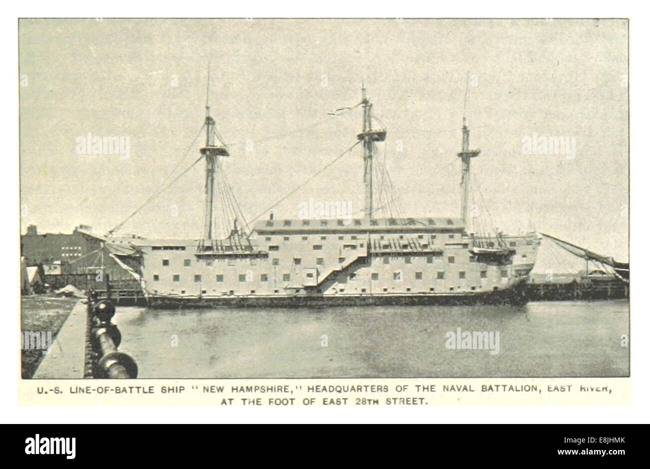 (King1893NYC) pg545 US LINE-OF-BATTLE SHIP 'NEW HAMPSHIRE', HEADQUARTERS OF THE NAVAL BATTALION, EAST RIVER, AT THE FOOT OF EAST 28TH STREET Stock Photo