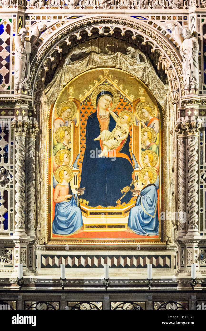 beautiful Madonna & Christ child holding bird by Bernardo Daddi in Church of Orsanmichele Florence Firenze Italy Italia Stock Photo