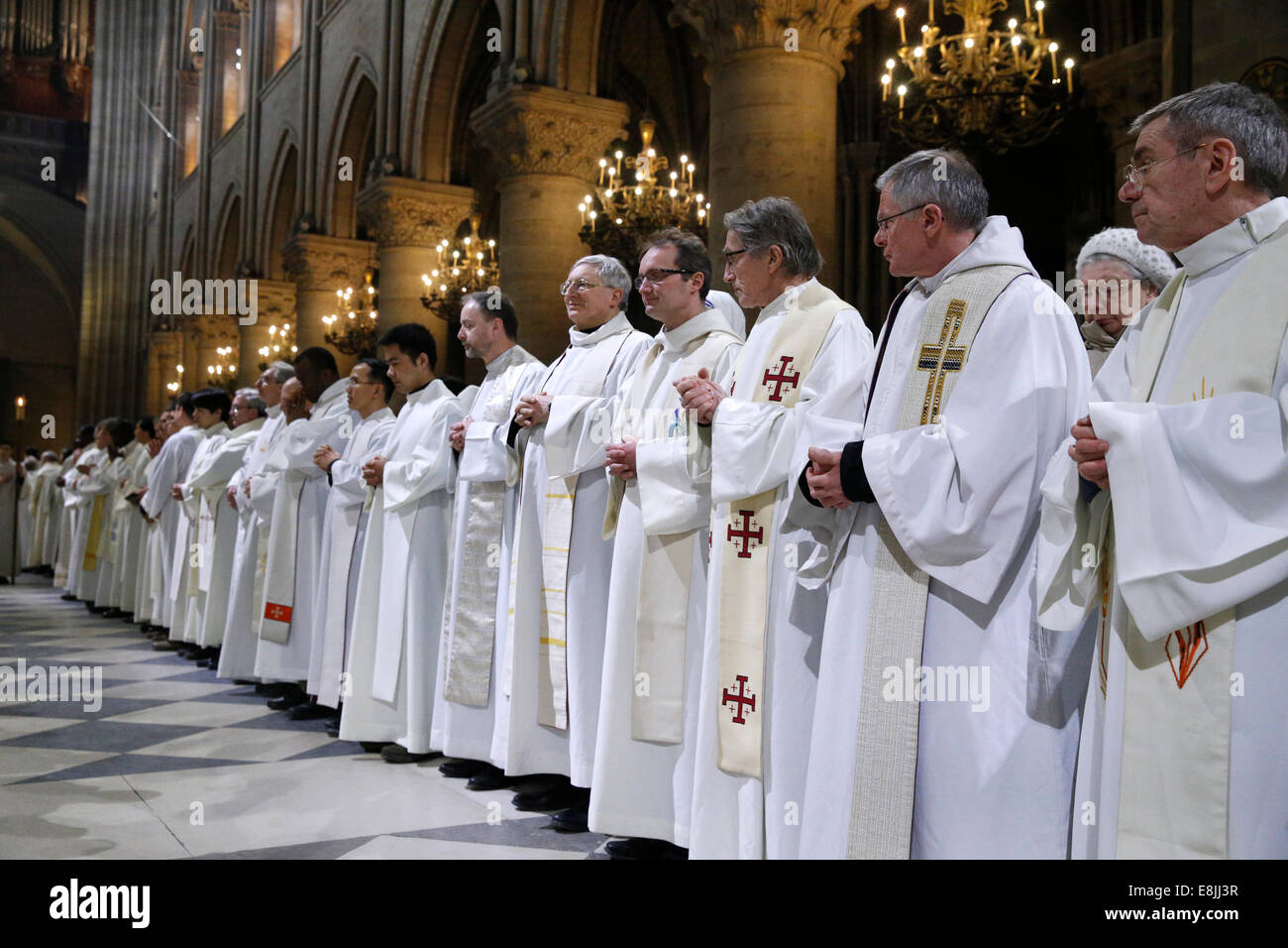 Priests of Paris Diocese. Chrism mass. Notre Dame de Paris Cathedral. Stock Photo