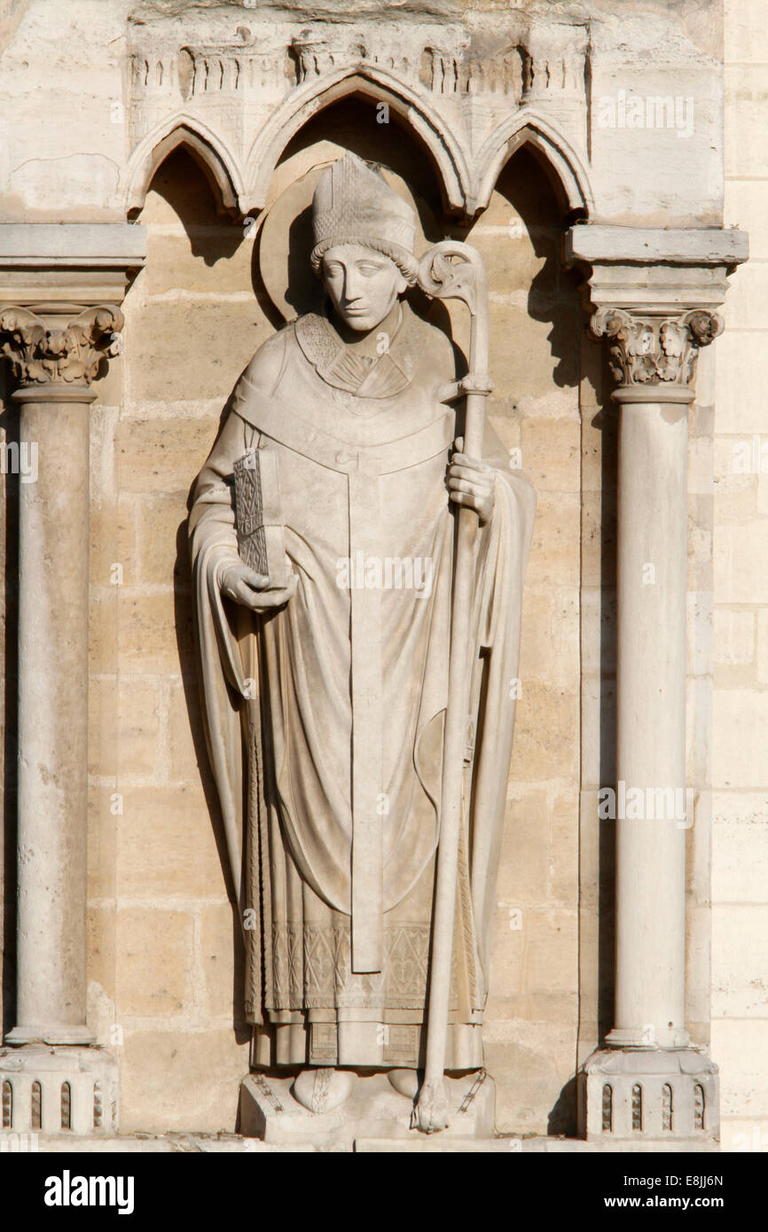 Notre-Dame de Paris Cathedral. Western Facade. Saint Denis bishop. Stock Photo