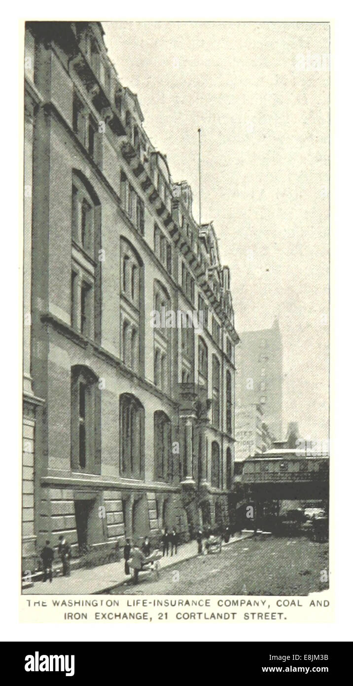 An 1893 illustration depicting the Washington Life-Insurance Company and the Coal and Iron Exchange located at 21 Cortlandt Street, showcasing these key business landmarks in New York. Stock Photo