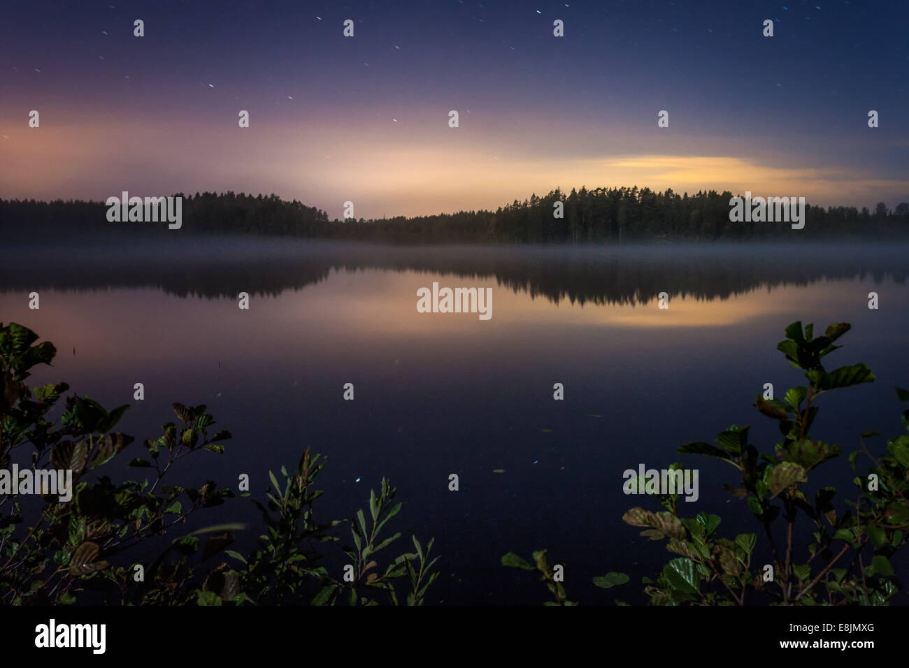 Lake with mist in morning with blue and purple color. The sun is still behind the horizon. Stock Photo