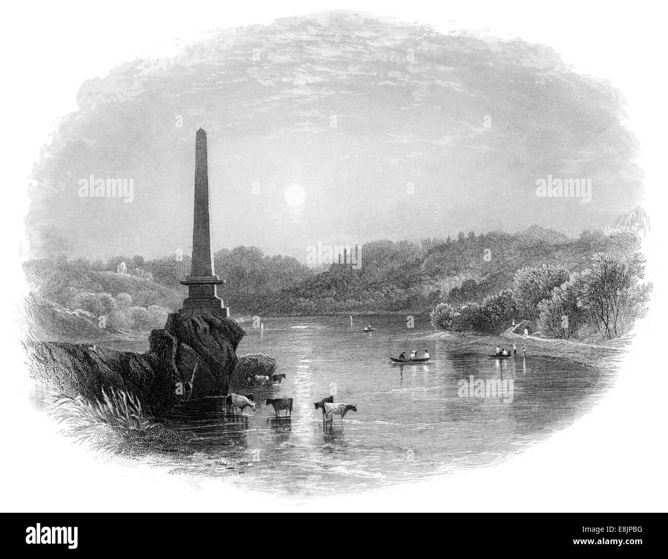 The Boyne An Bhóinn or Abhainn na Bóinne Obelisk County Louth Republic Ireland circa 1840 destroyed, 1923 Stock Photo