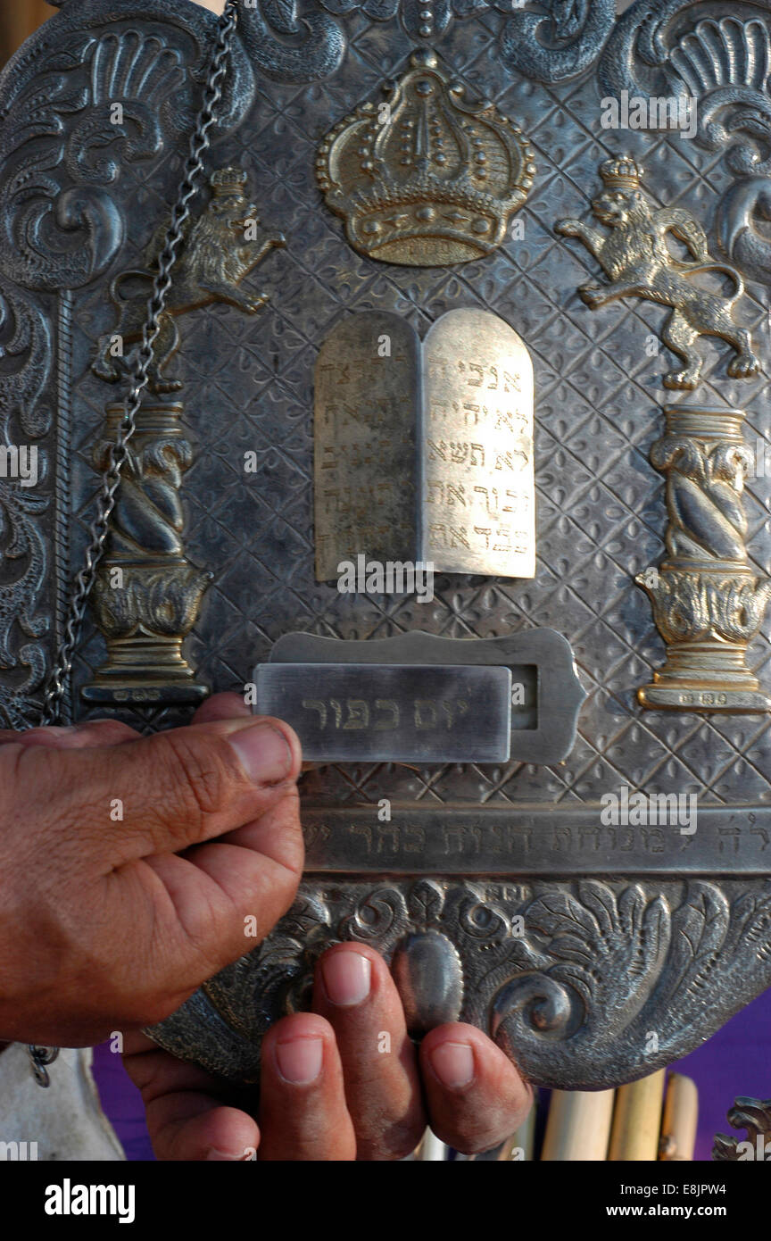 Torah silver shield with the name of the feast or saturday, in this case Kippour Stock Photo