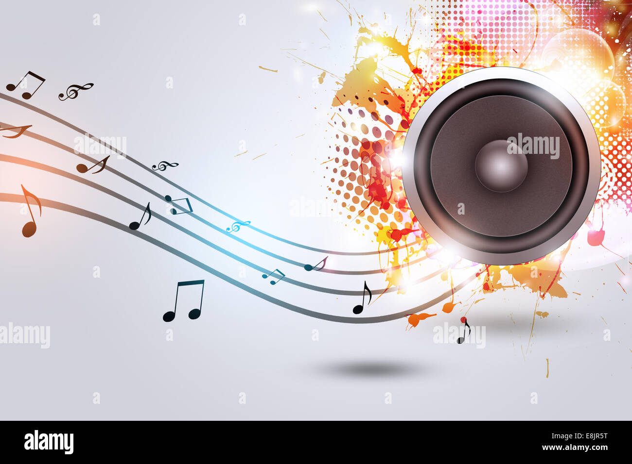 sound speaker music background with music notes and blurry lights Stock Photo