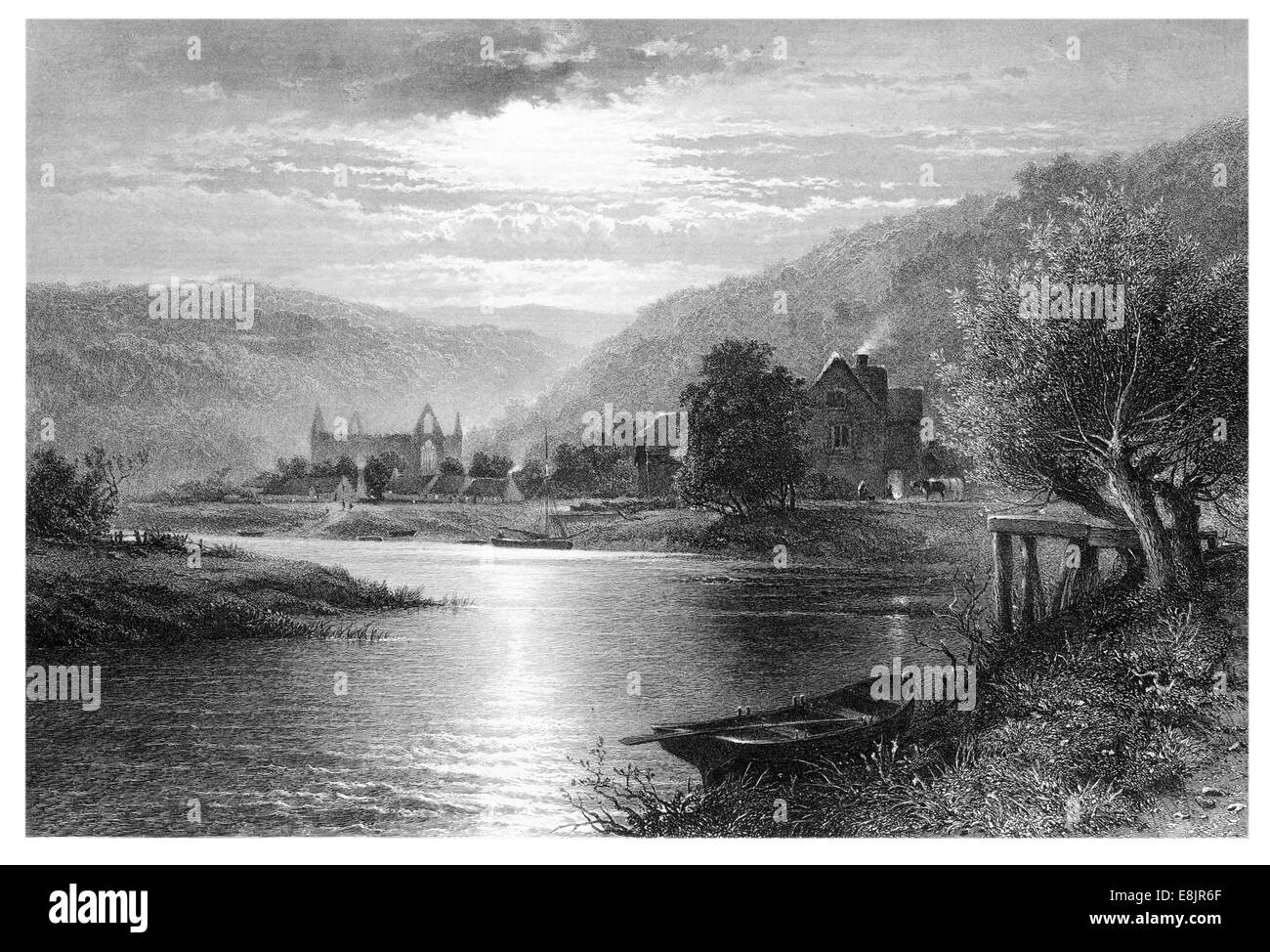 Tintern Abbey Moonlight on the Wye. by B.W. Leader engraved by C. Cousen, c. 1870 Stock Photo