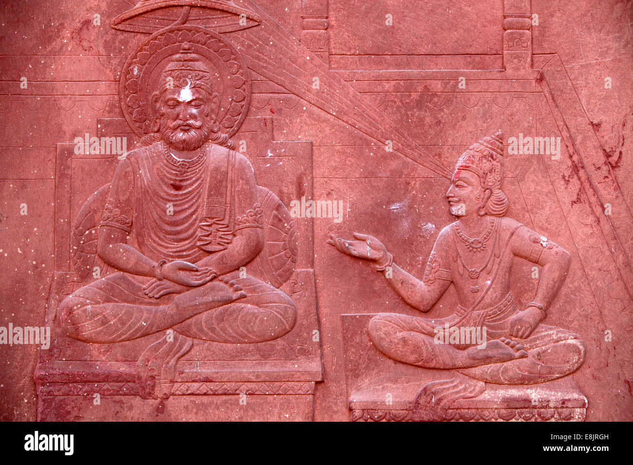 Bhagavad Gita engraved on a Hindu temple : dialogue between Krishna and Arjuna Stock Photo