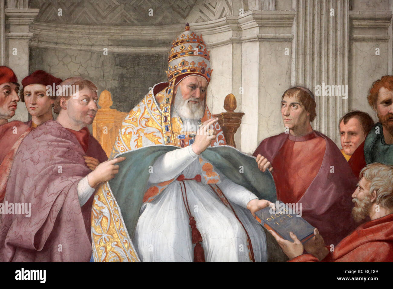 Theological and cardinal virtues. The ceremony Decretals to Pope Gregory IX. Fresco Italian painter Raphael. 1511. Stanza della Stock Photo
