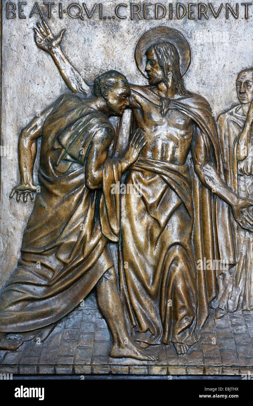 The Appearance to Thomas. The Holy door of St. Peter's Basilica.  Cast in bronze by Vico Consorti (1949). Stock Photo
