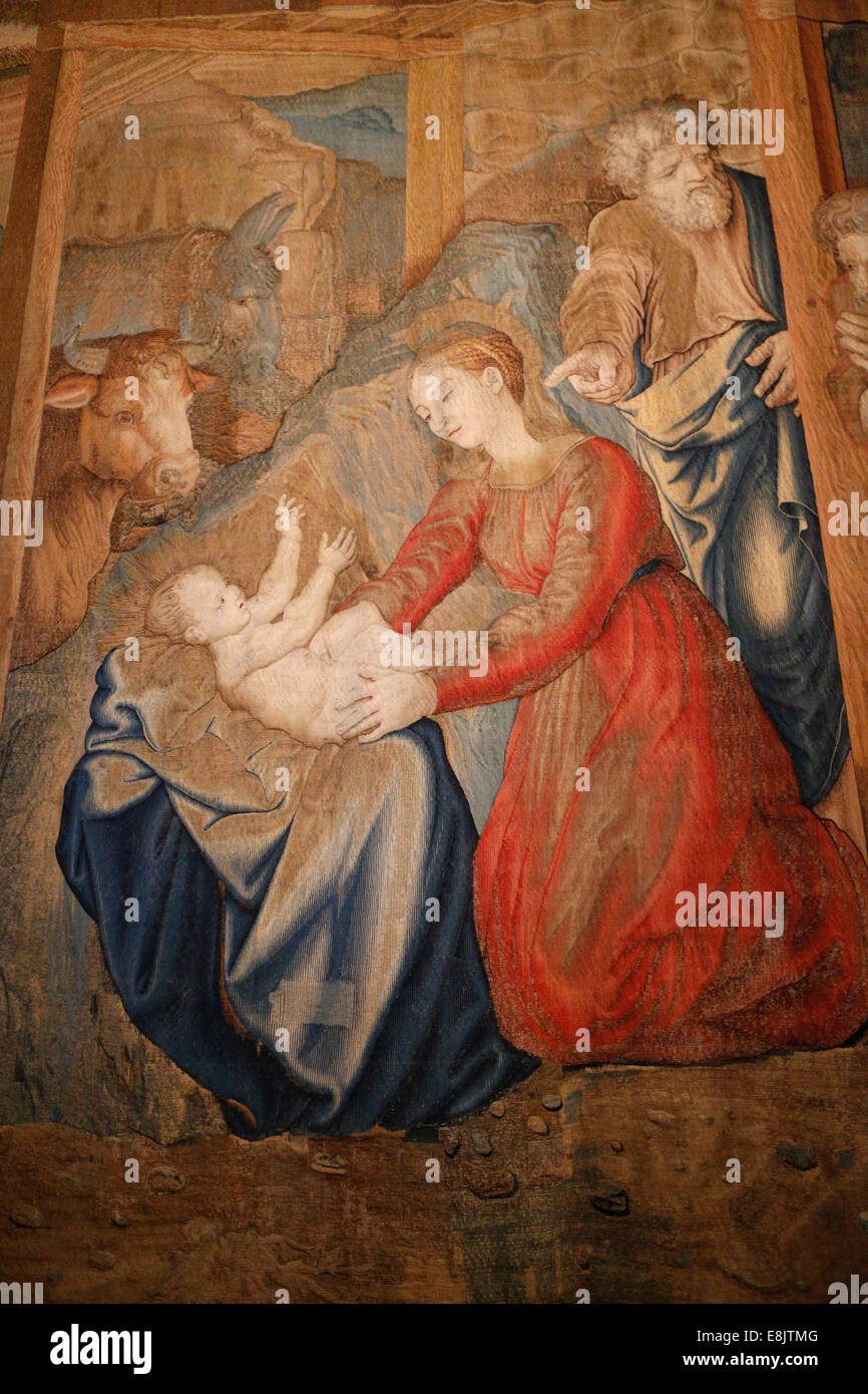 Tapestry depicting the nativity. Gallery of Tapestries. Vatican Museum. Stock Photo