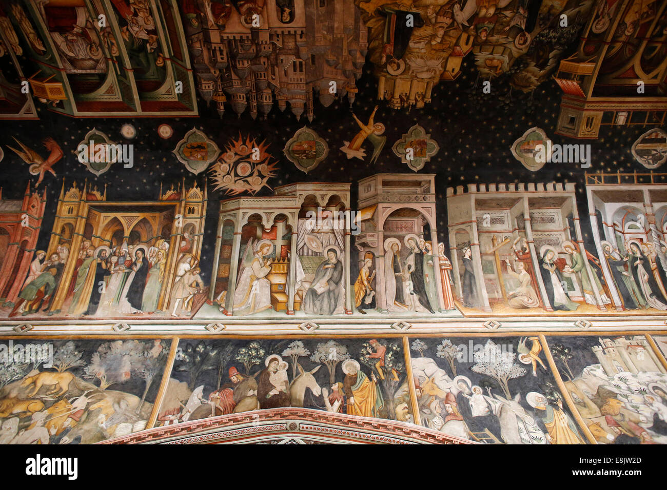 Frescoes in the Basilica di Santa Caterina d'Alessandria : Joseph and Mary's wedding, annunciation, visitation (up) , the flight Stock Photo