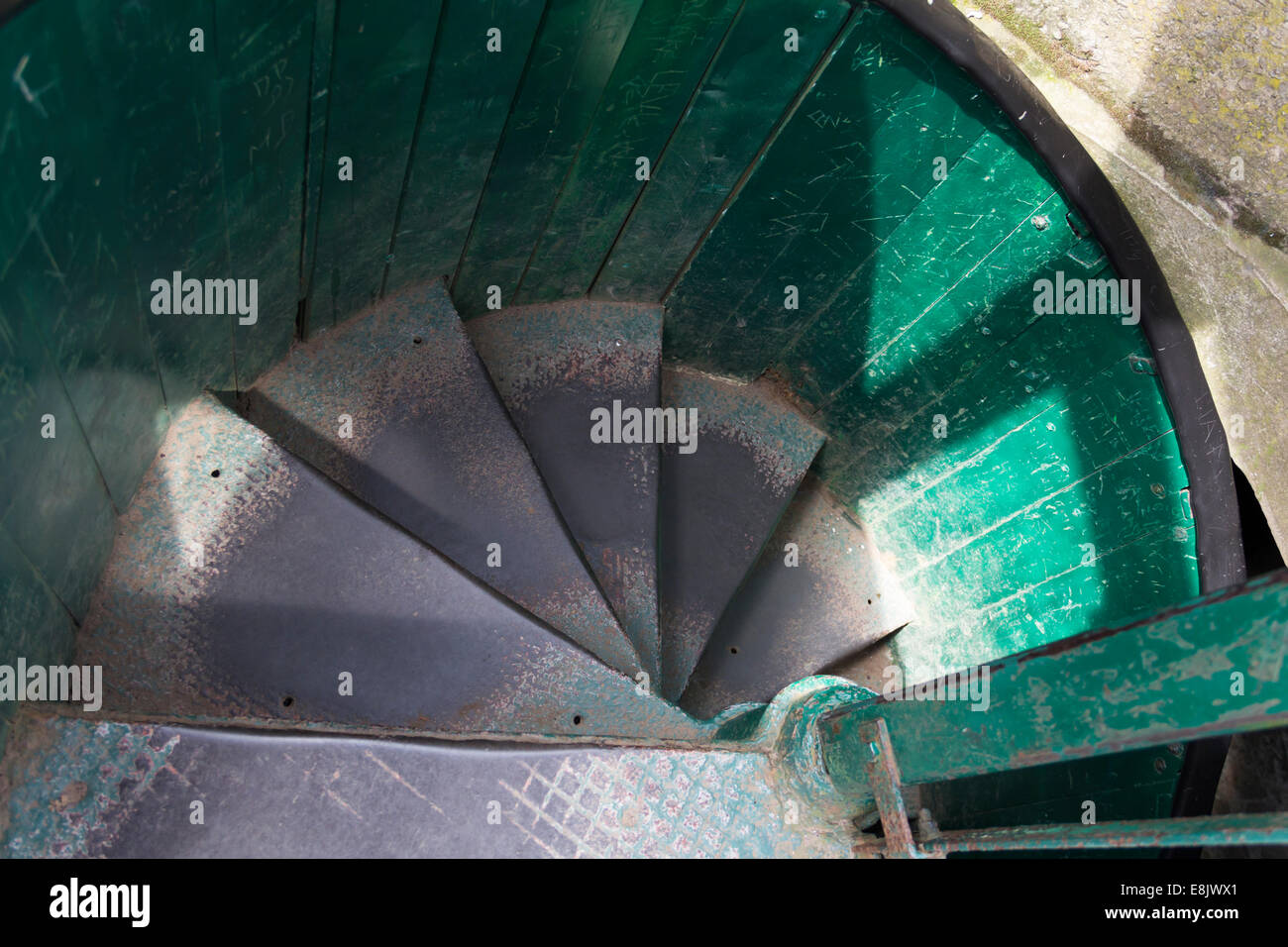 High angle view of a  steel spiral staircase in Darwen Tower aka Jubilee Tower near Darwen, Lancashire. Stock Photo