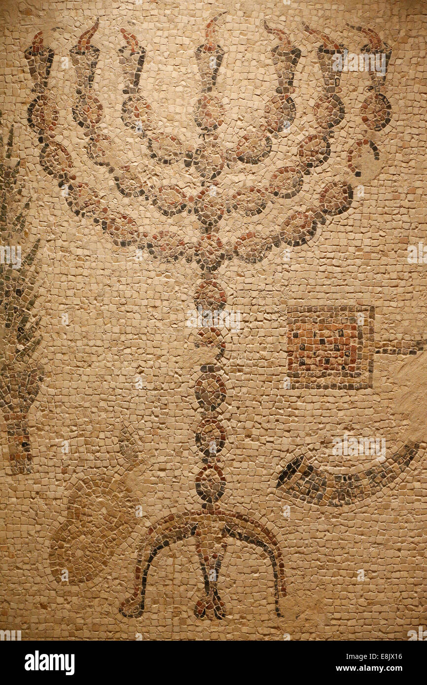 Portion of a Synagogue Mosaic Floor (Replica). original : Beth Alpha Synagogue, Israel. 6th century CE. Menorah. The jewish Muse Stock Photo
